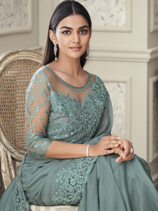 Sea Green Color Resham Embroidered Satin Silk Saree