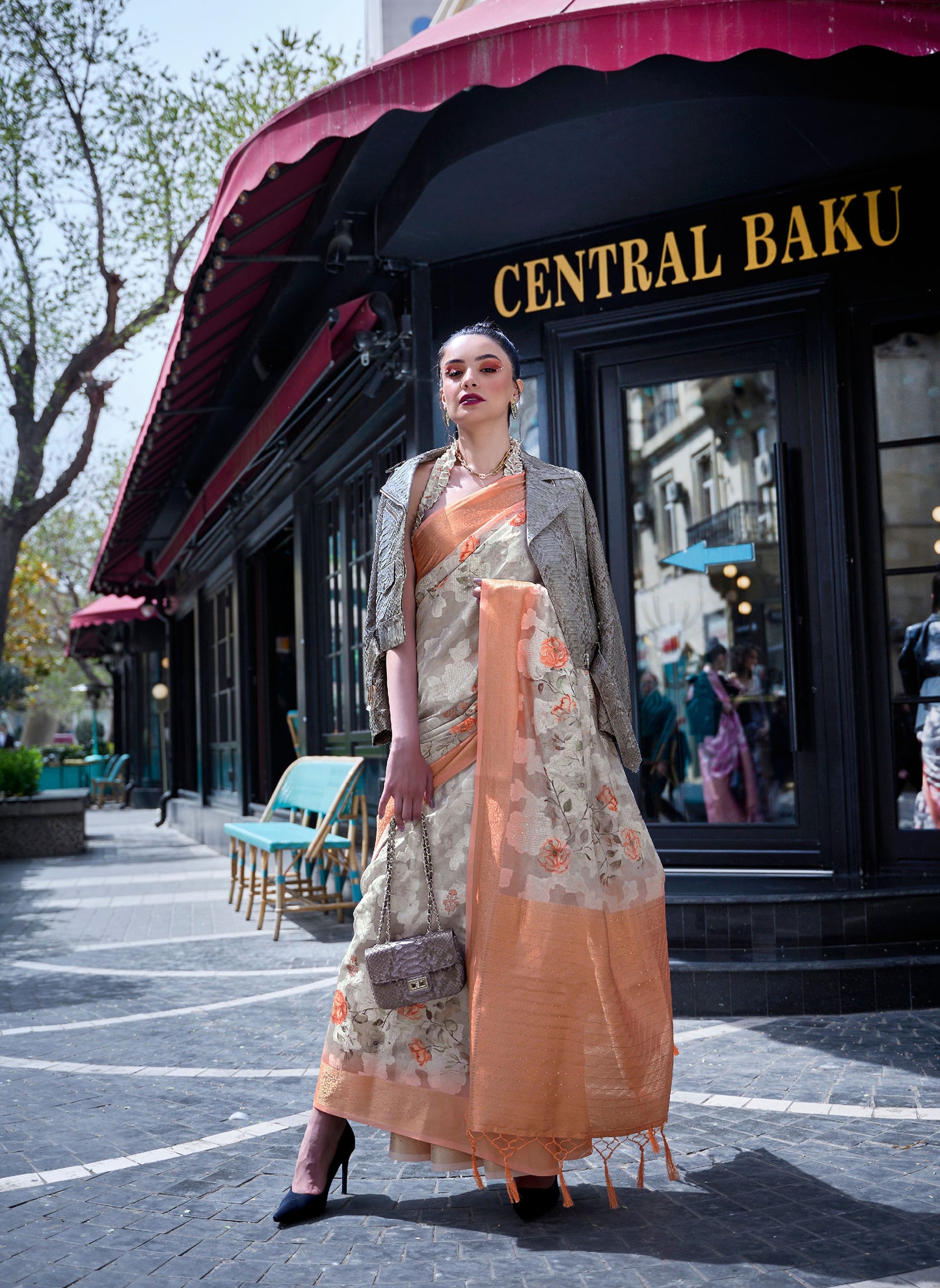 Cream and Orange Kinsel Printed Poly Handloom Saree