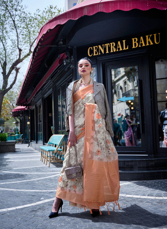 Cream and Orange Kinsel Printed Poly Handloom Saree