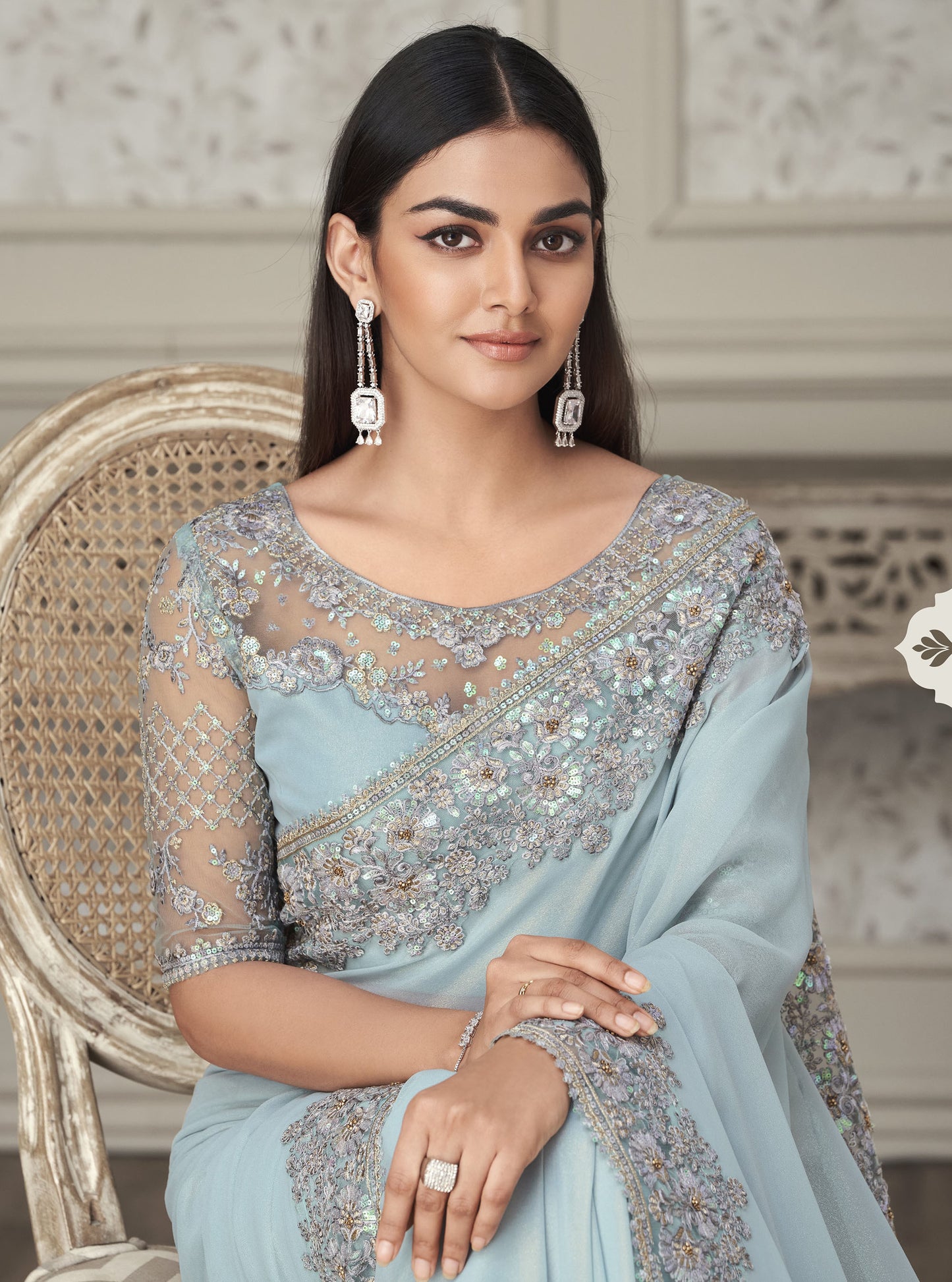 Aqua Blue Color Resham Embroidered Satin Silk Saree