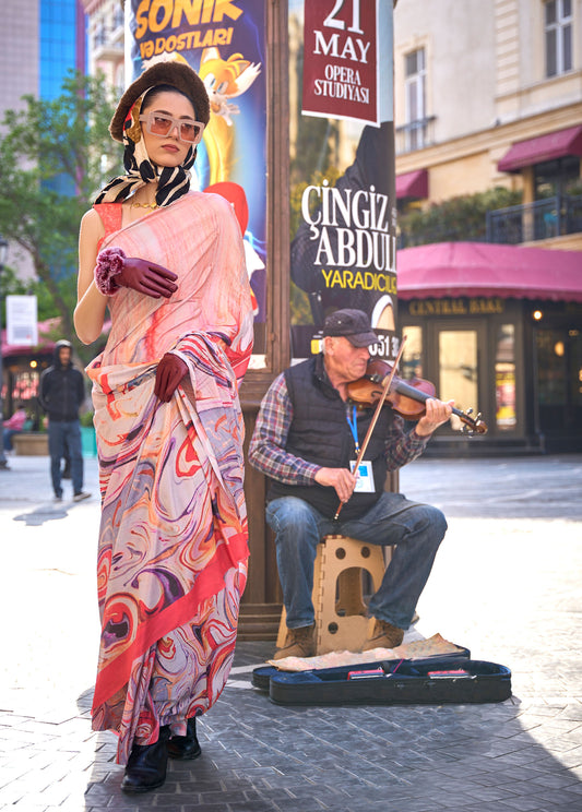 Pink Krayon Pure Silk Crepe Print Saree