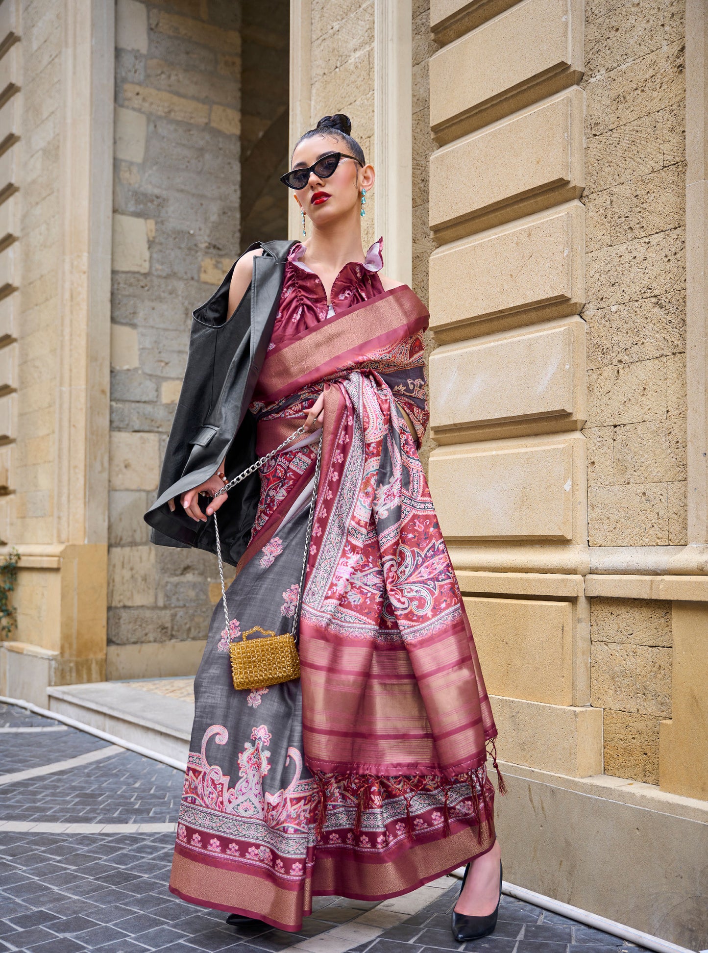 Grey and Wine Kopper Pure Gaji Silk Handloom Saree
