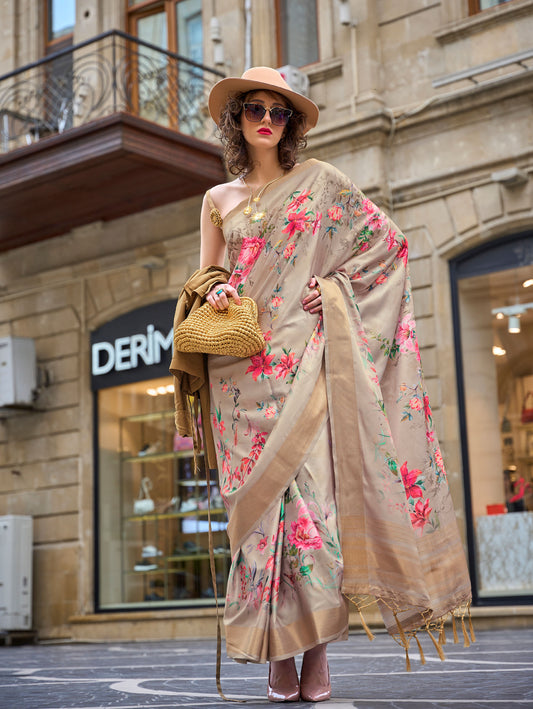 Beige Kopper Pure Gaji Silk Handloom Saree