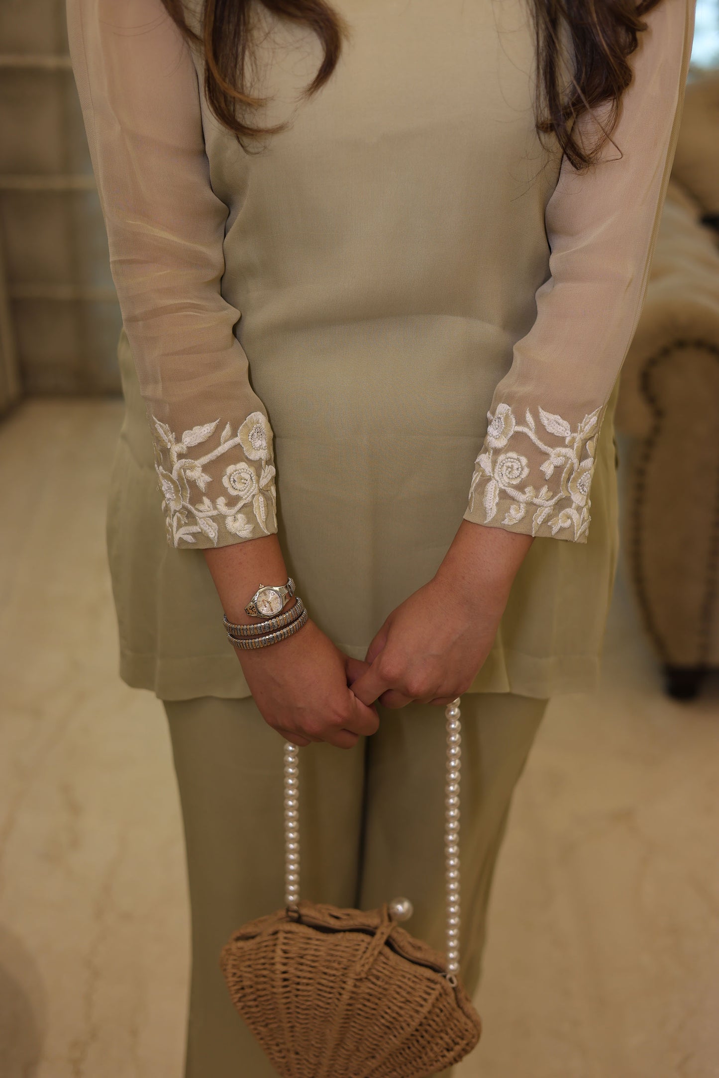 Pistachio Green Georgette Thread Work Festive Coord Set