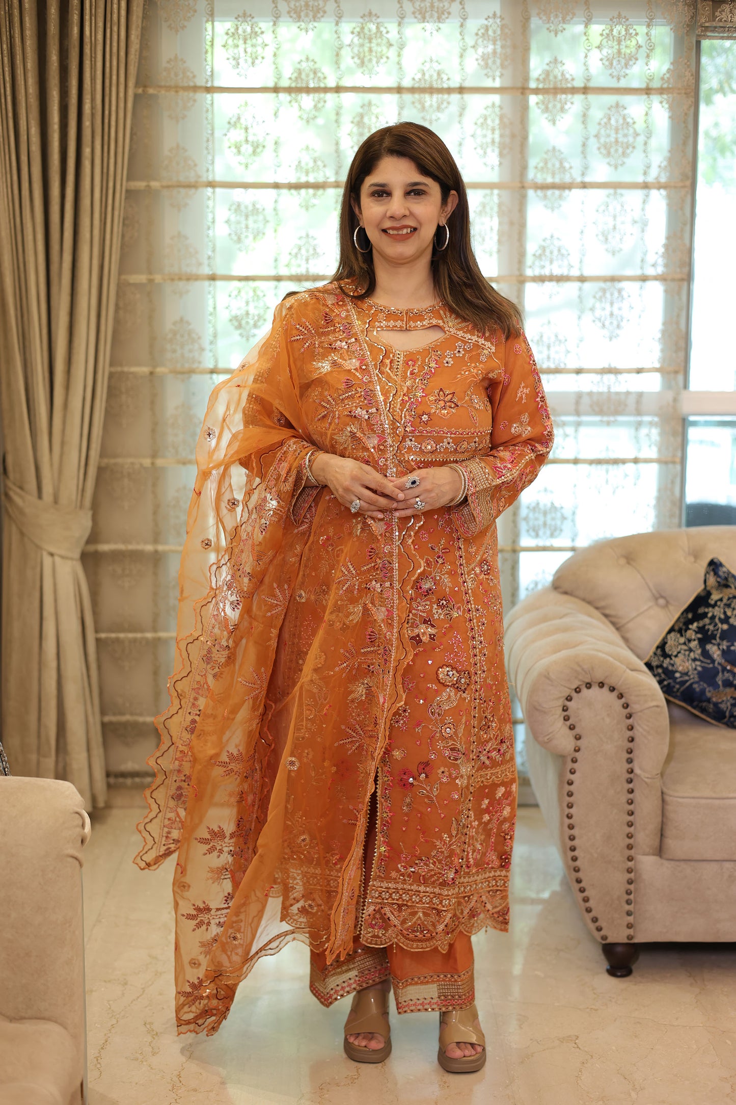 Orange Organza Sequins & Cutdana Work Pakistani Suit set for Eid