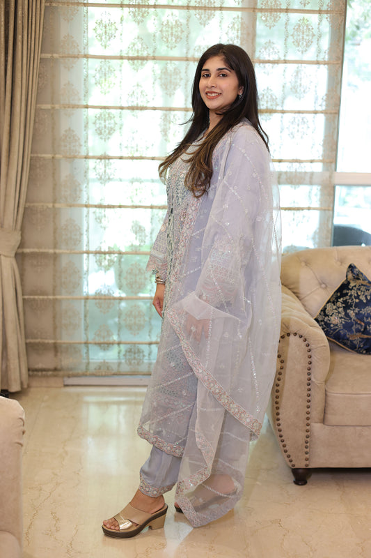 Light Blue Organza Sequins & Cutdana Work Pakistani Suit set for Eid
