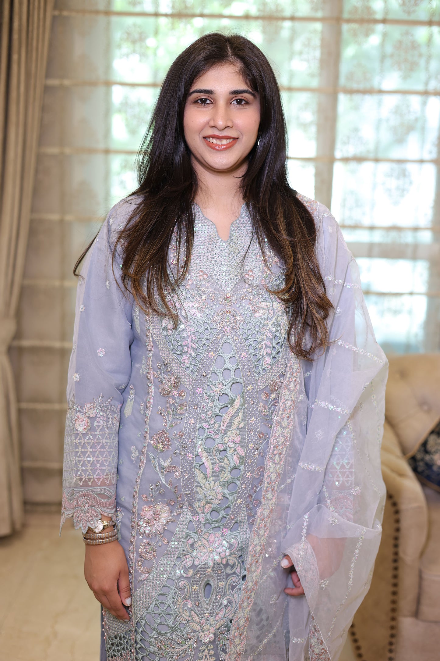 Light Blue Organza Sequins & Cutdana Work Pakistani Suit set for Eid