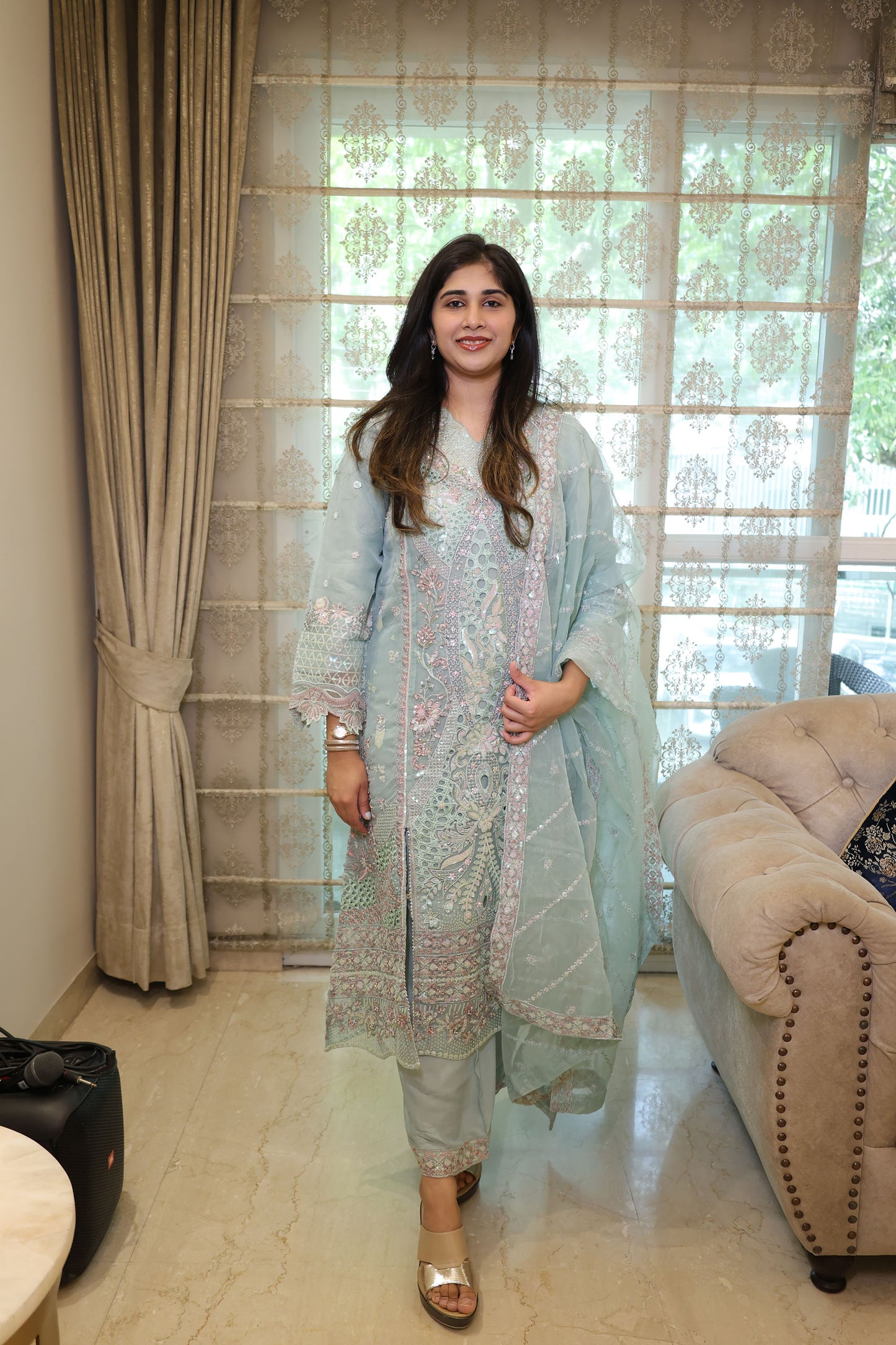 Mint Green Organza Sequins & Cutdana Work Pakistani Suit set for Eid