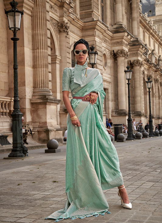 Light Green Kamzah Silk Pure Satin Nylon Handloom saree