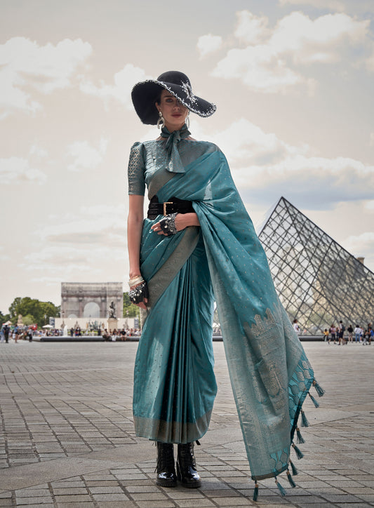 Teal Kamzah Silk Pure Satin Nylon Handloom saree