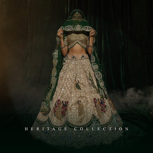 Custom Beige And Green Royal Bridal lehenga