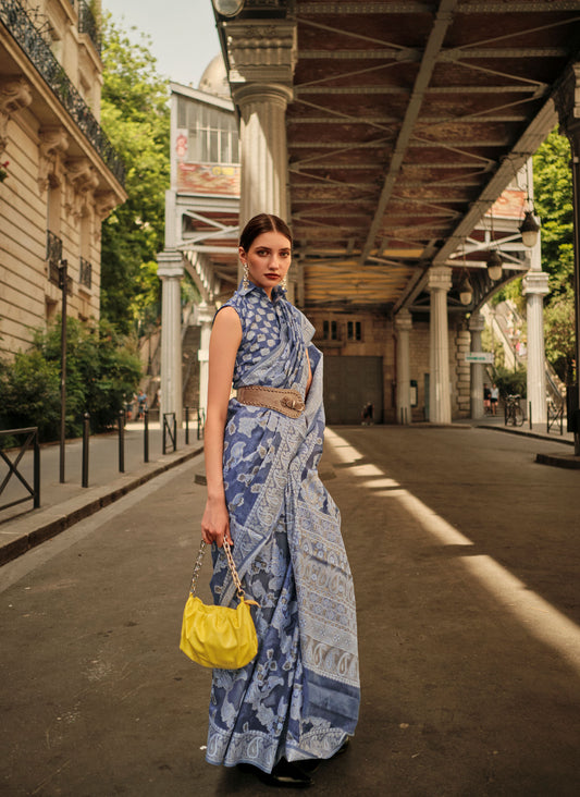 Indigo Blue Kaneeza Lucknow Chikankari Zari Saree