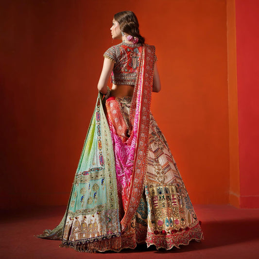 Custom White and Orange Elaborate Traditional Motif Royal Bridal lehenga