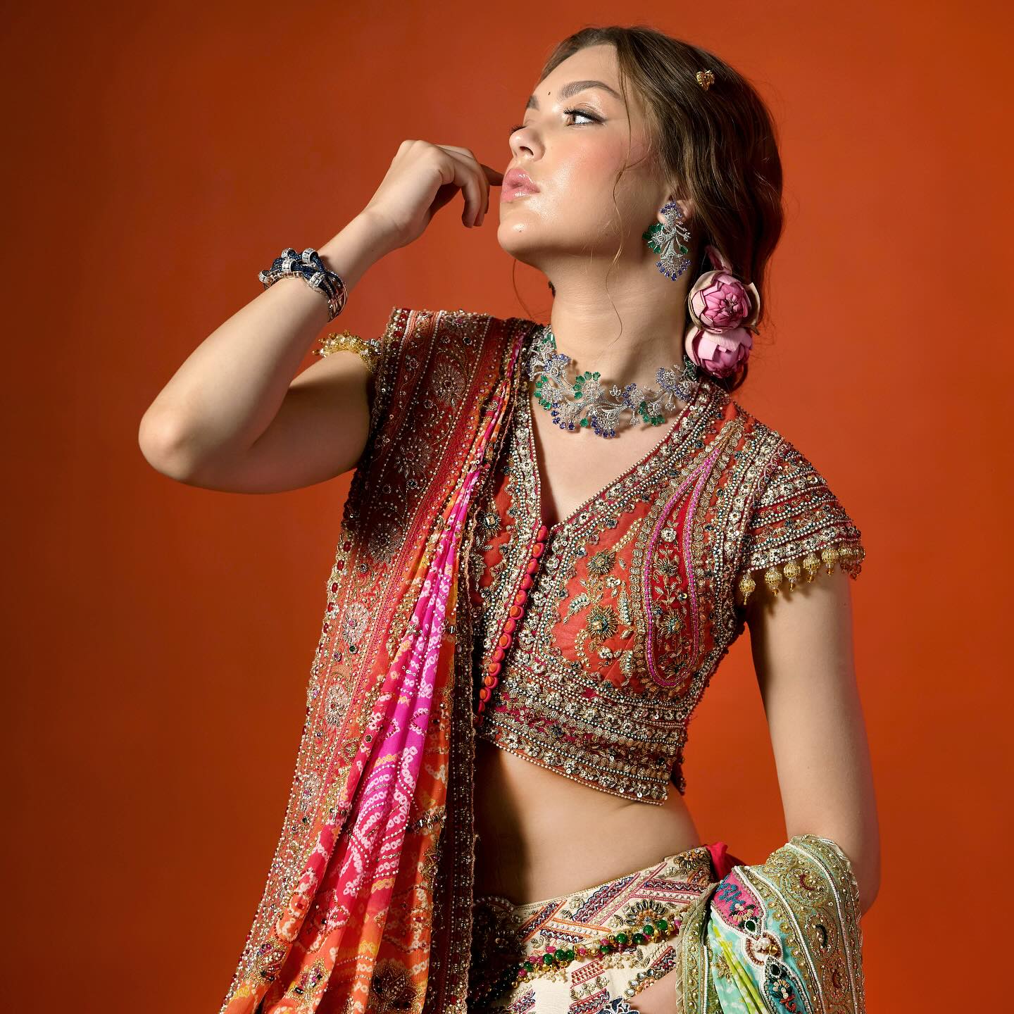 Custom White and Orange Elaborate Traditional Motif Royal Bridal lehenga