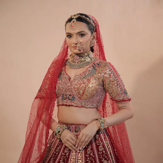 Custom Red and Black Elaborate Traditional Motif Royal Bridal lehenga