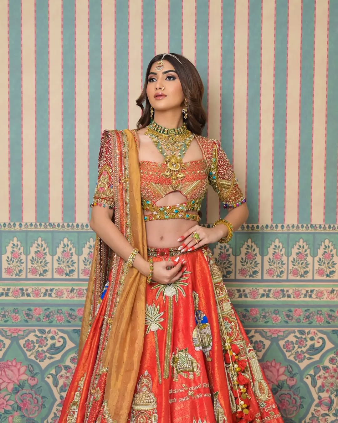 Custom Bright Red Eloquent Elephant Motif Royal Bridal lehenga