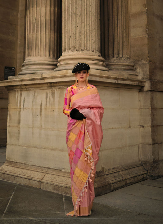 Peach Kube Soft Silk Handloom Saree
