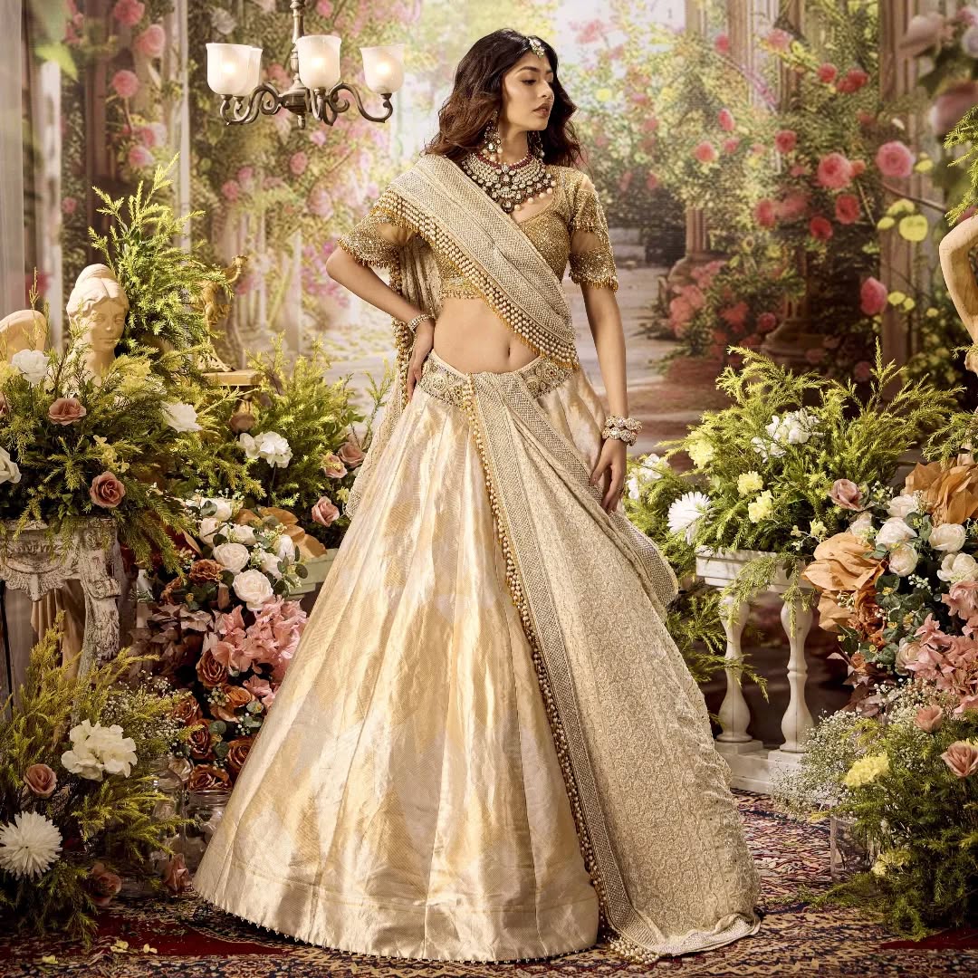 Custom Light Beige Eloquent Bridal lehenga