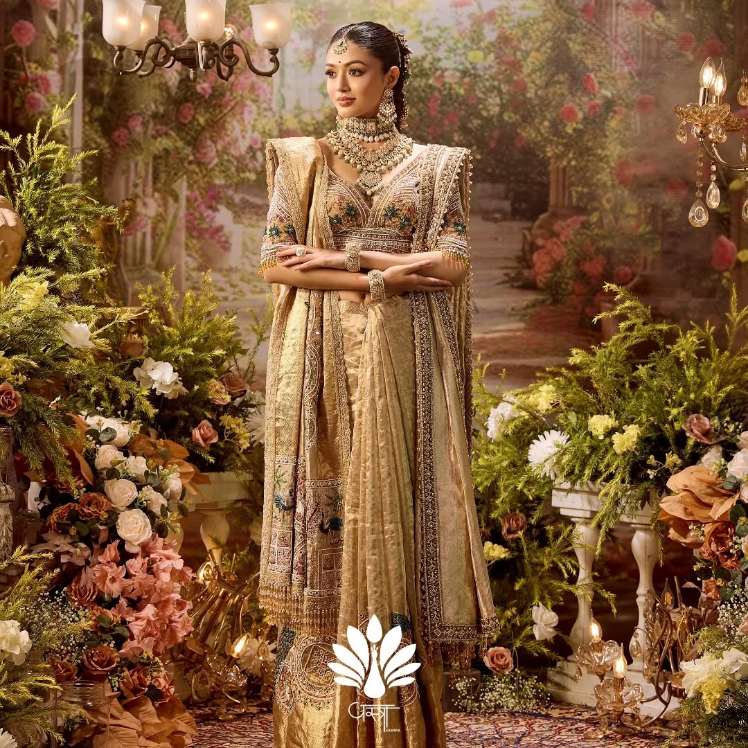 Custom Beige Eloquent Peacock Motif Mother of Bride saree