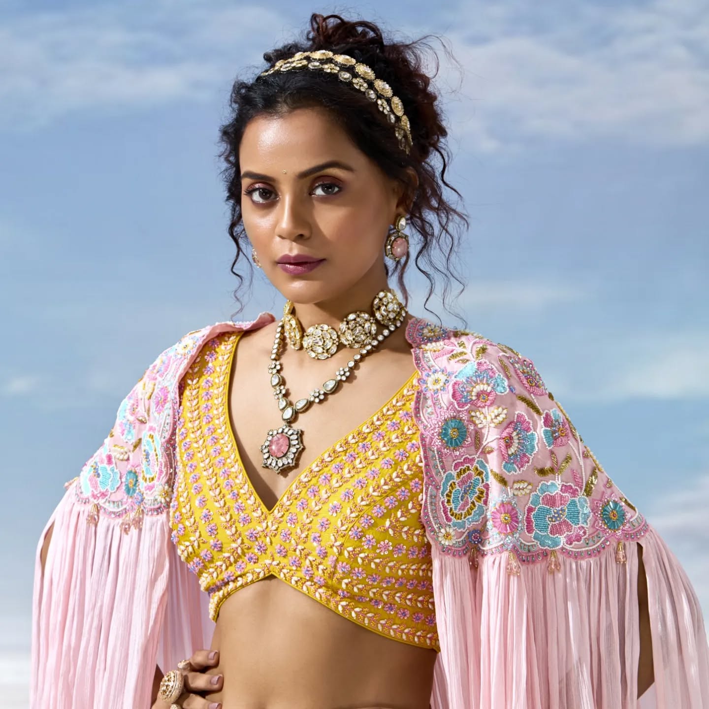 Custom Yellow Eloquent Flower Motif Lehenga