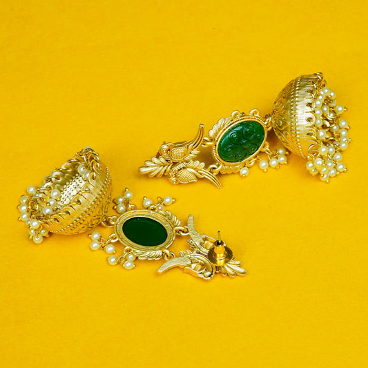 Zevar Club 22K Gold-Plated Green Carved Stone Jhumka Earrings with Bird Motif & Pearls Drops