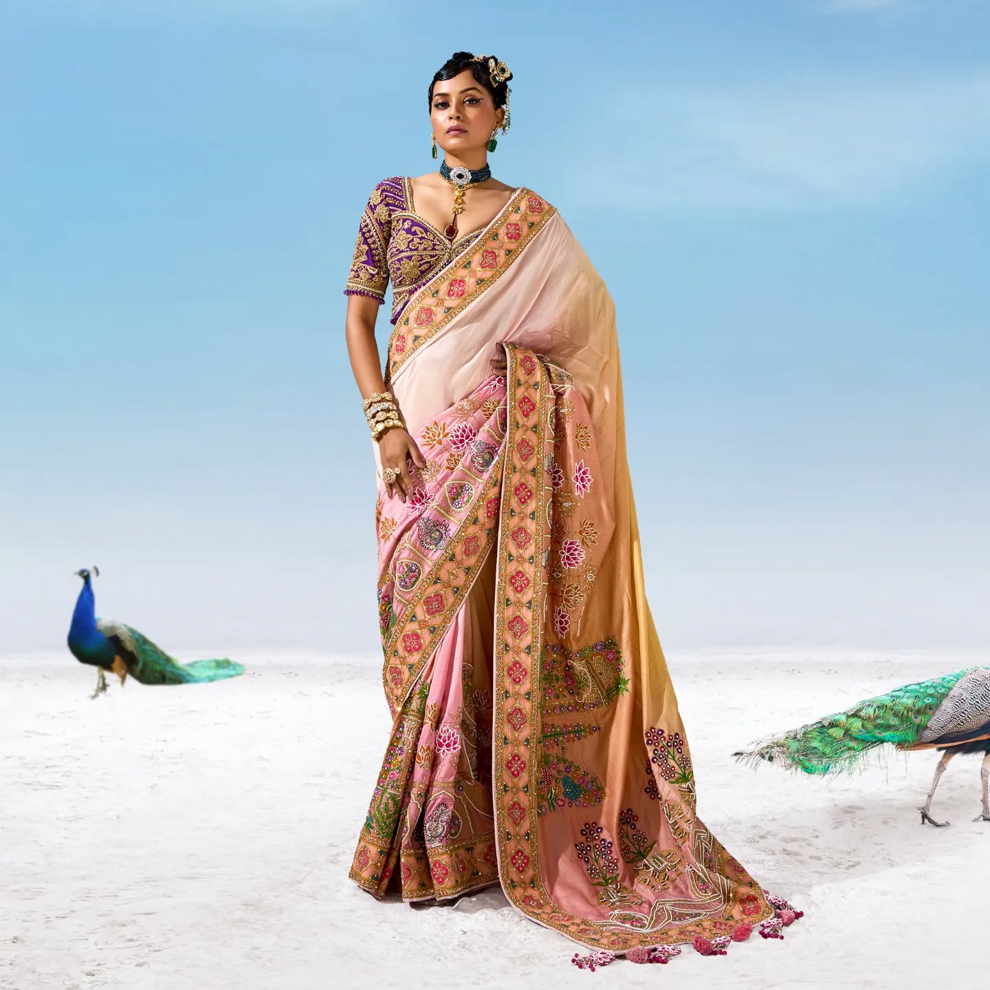 Custom Cream and Purple Bridal Saree