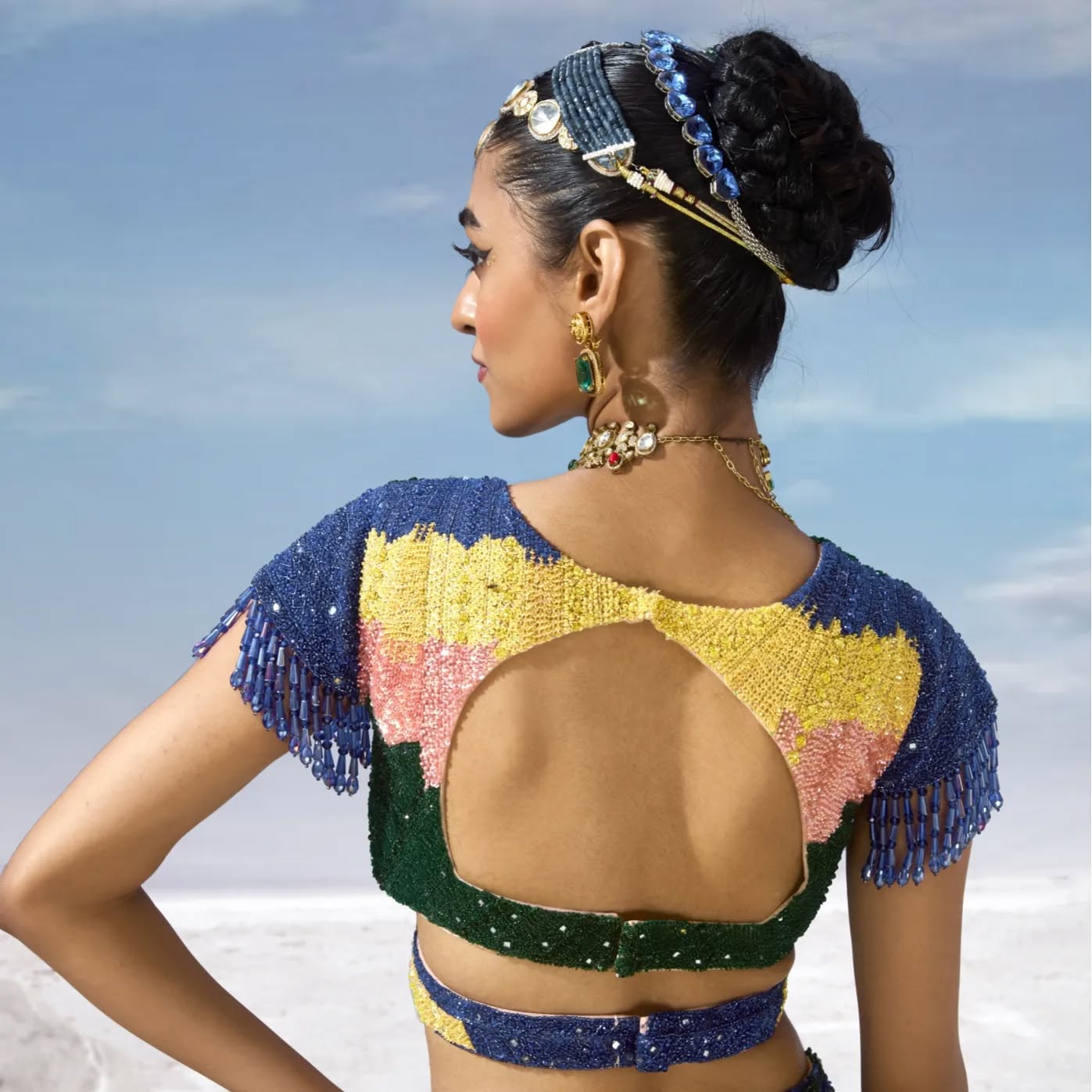 Custom Yellow and Blue Feather lehenga