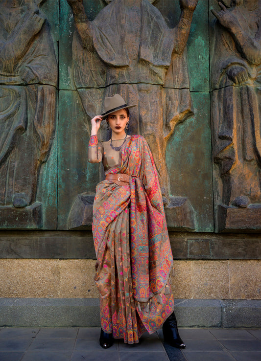 Coffee Brown Kashneer Organza Kashmiri Handloom Silk Saree