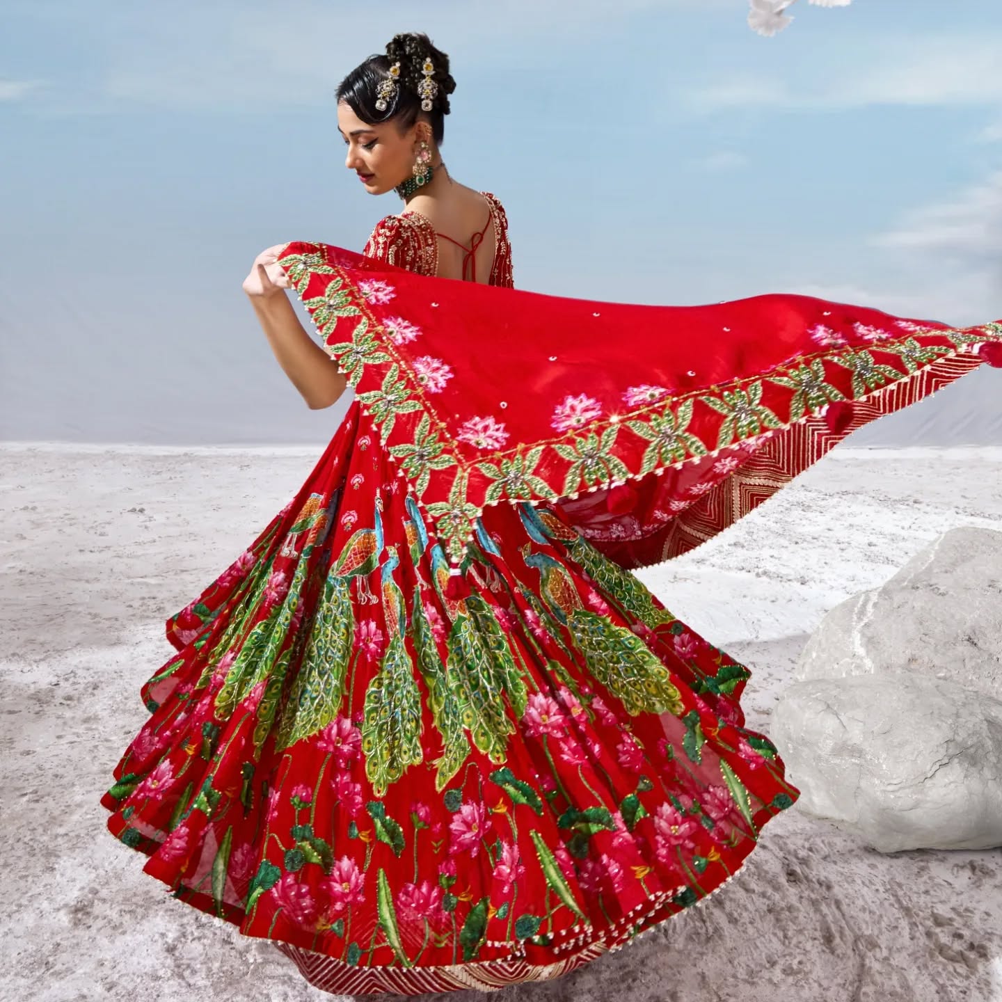 Custom Regal Red Peacock Motif Bride Lehenga