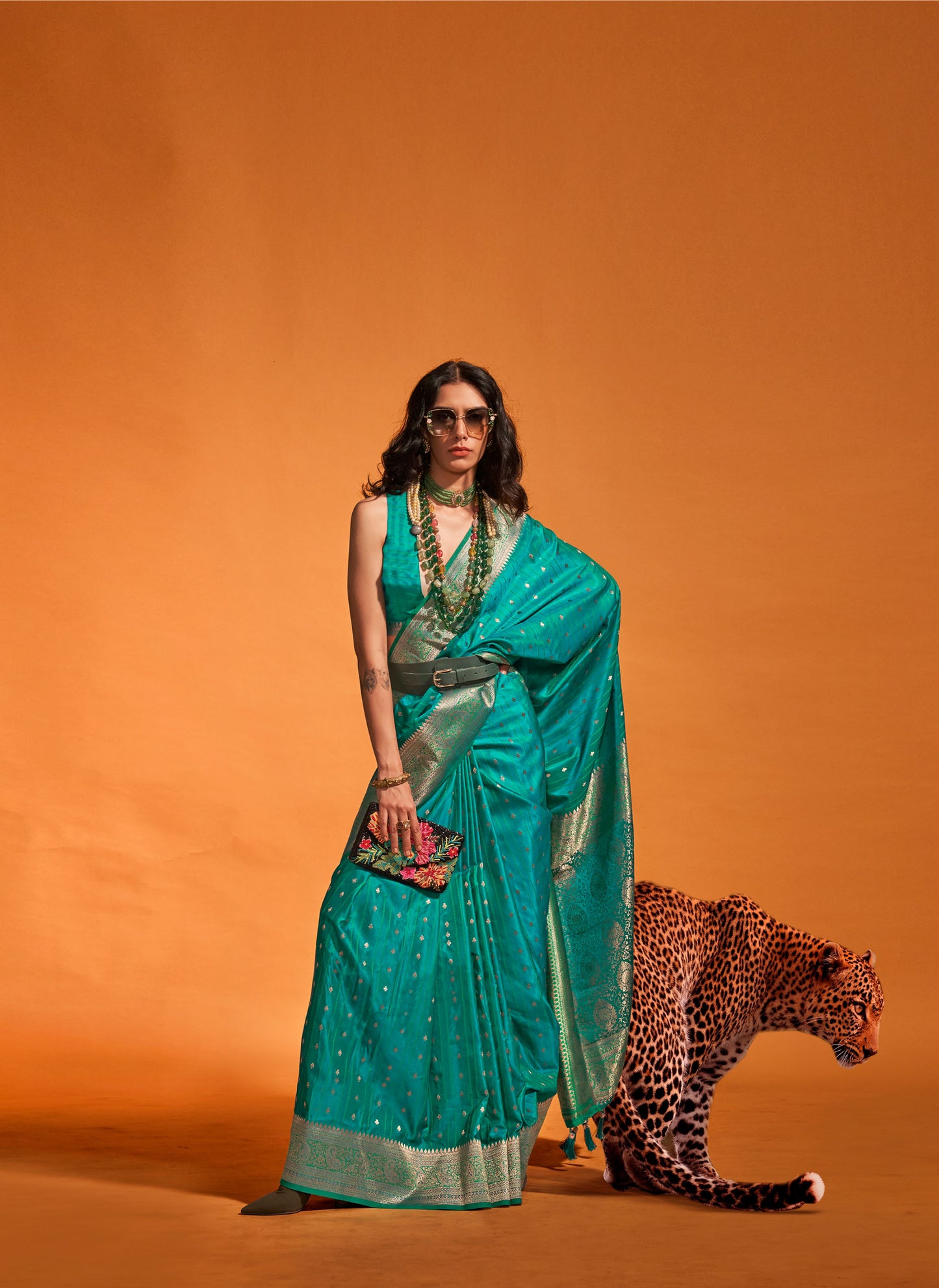 Teal Green Karnaal Pure Satin Handloom Silk Saree