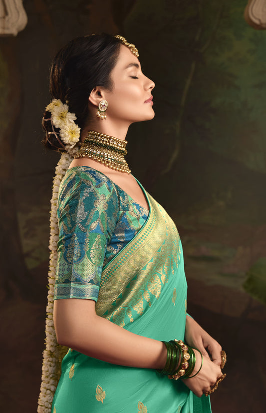Green Crepe Dola Silk Weaving Sinduri Raas Saree