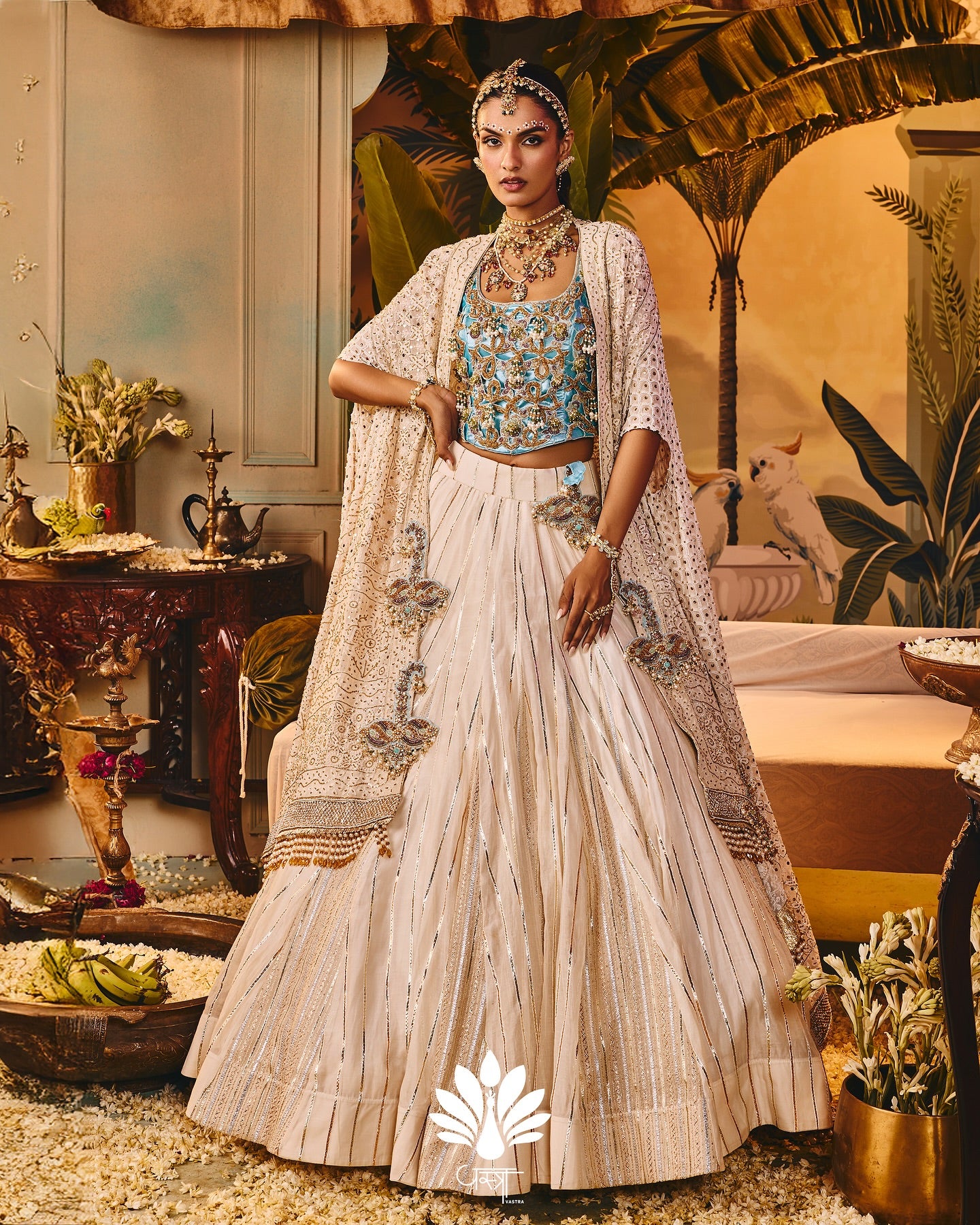 Custom cream and blue bridal lehenga