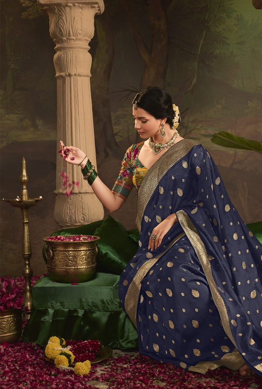 navy Blue Crepe Dola Silk Weaving Sinduri Raas Saree