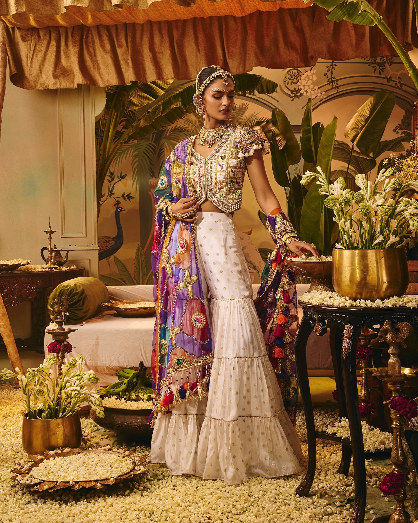 Custom White Sangeet and multi color dupatta