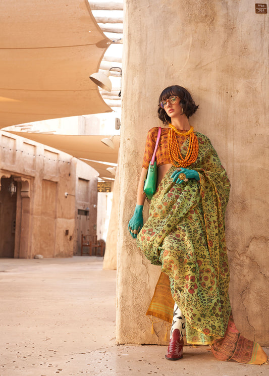 olive Green Komet Printed Zari Handloom Tissue Saree