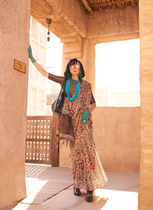 Beige Komet Printed Zari Handloom Tissue Saree