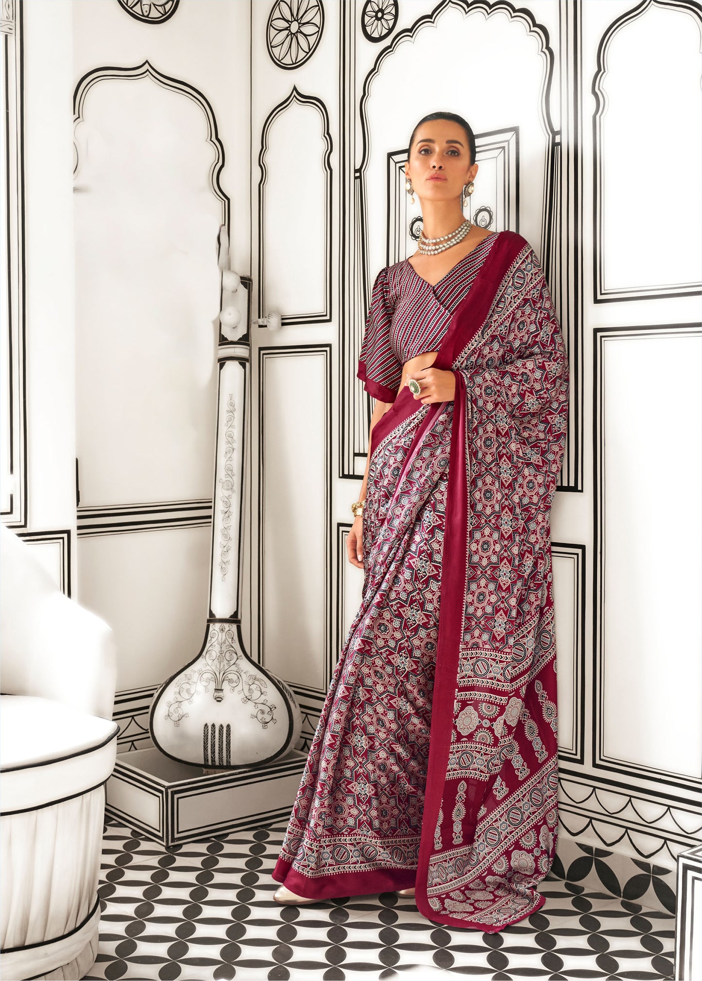 Ruby Red Kajarkh Printed Ajrakh Satin Saree