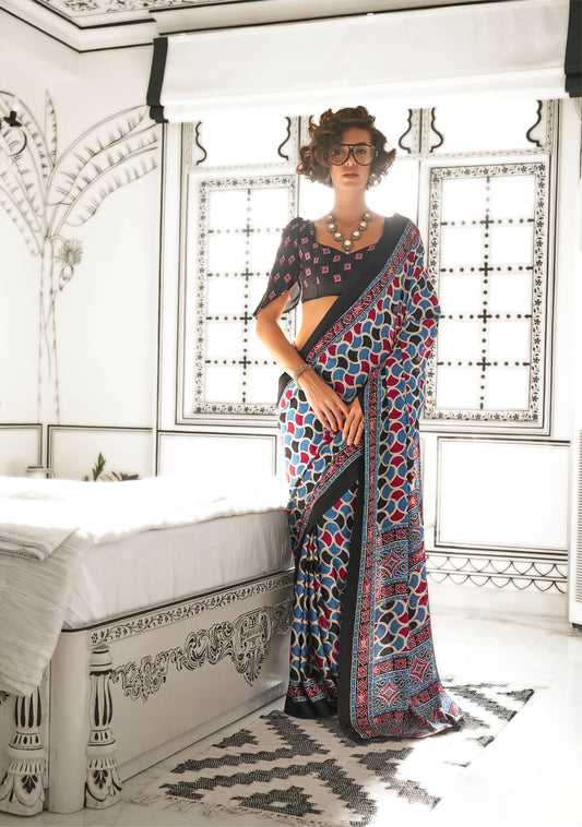 Charcoal Black Kajarkh Printed Ajrakh Satin Saree