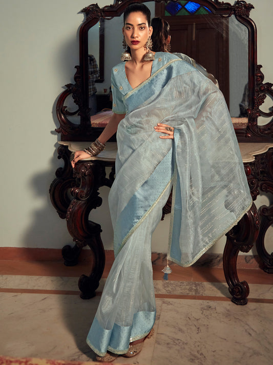 Sky Blue Organza Woven Style Saree