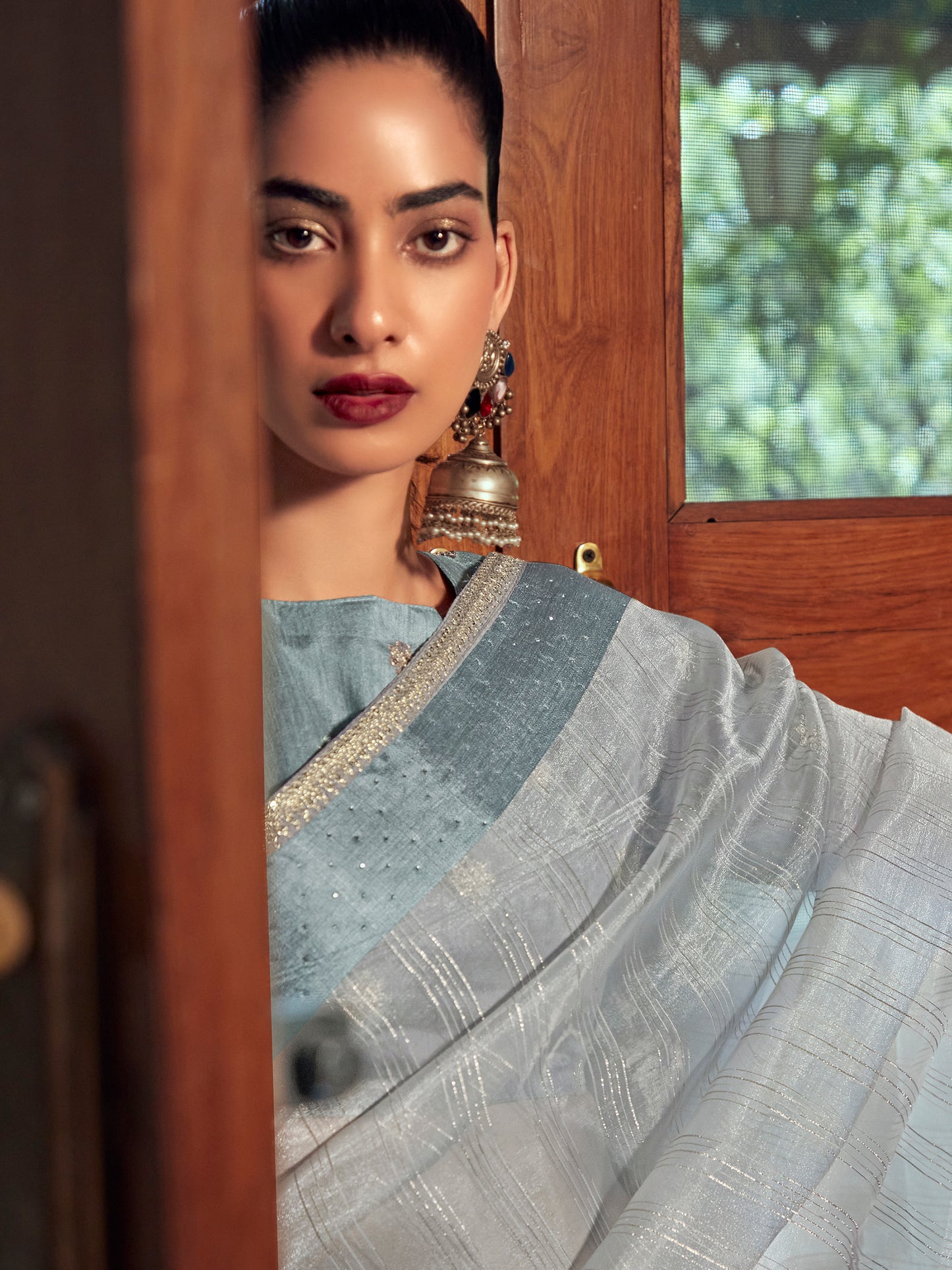 Grey Organza Woven Style Saree