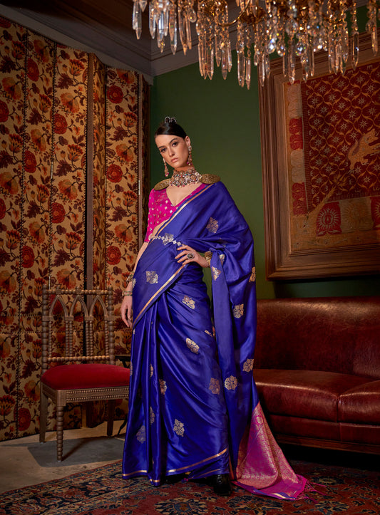Blue Kanthkala Luxe Satin Handloom saree