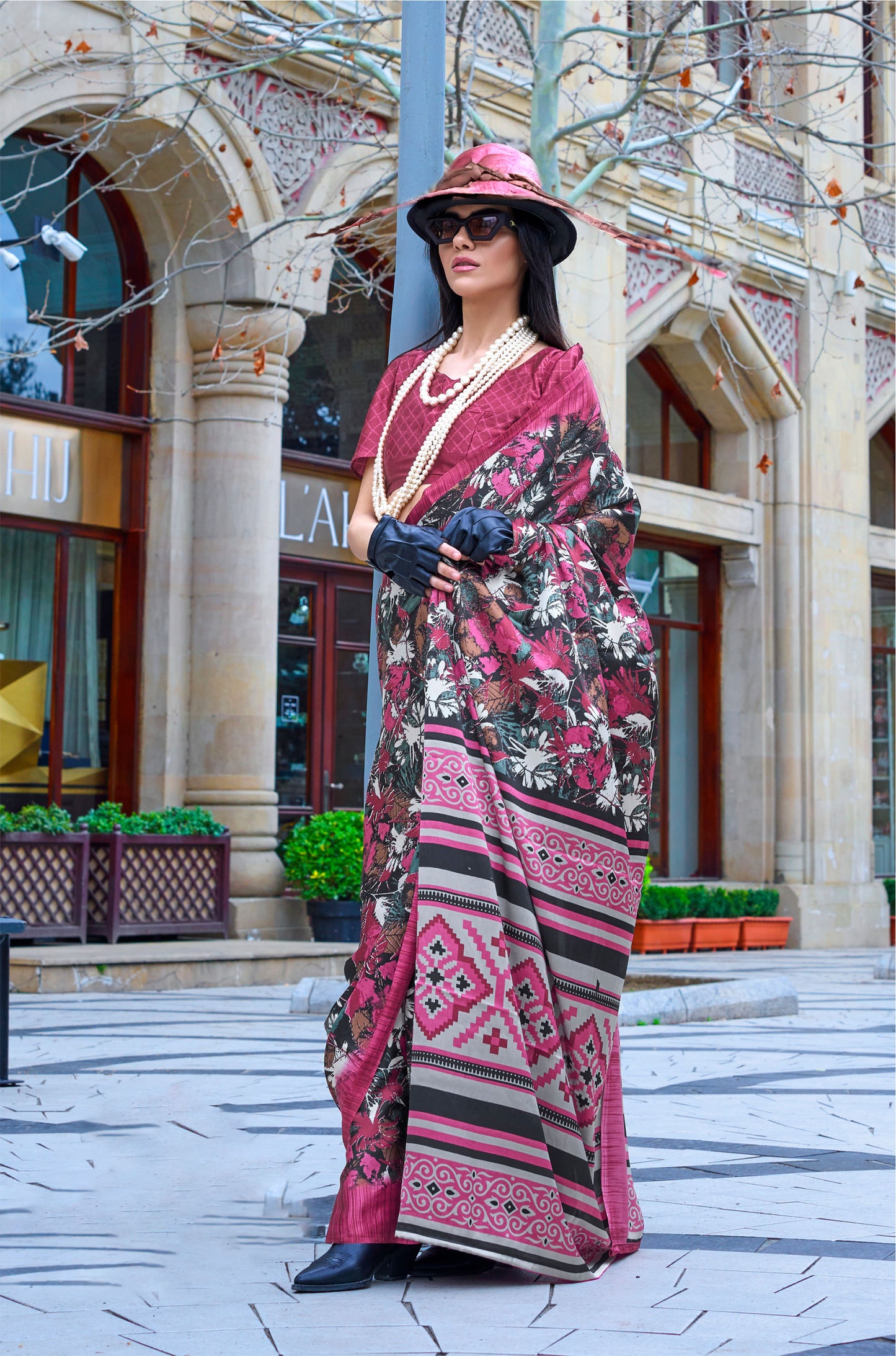Maroon Floral Kazule Contemporary Satin Crepe Saree
