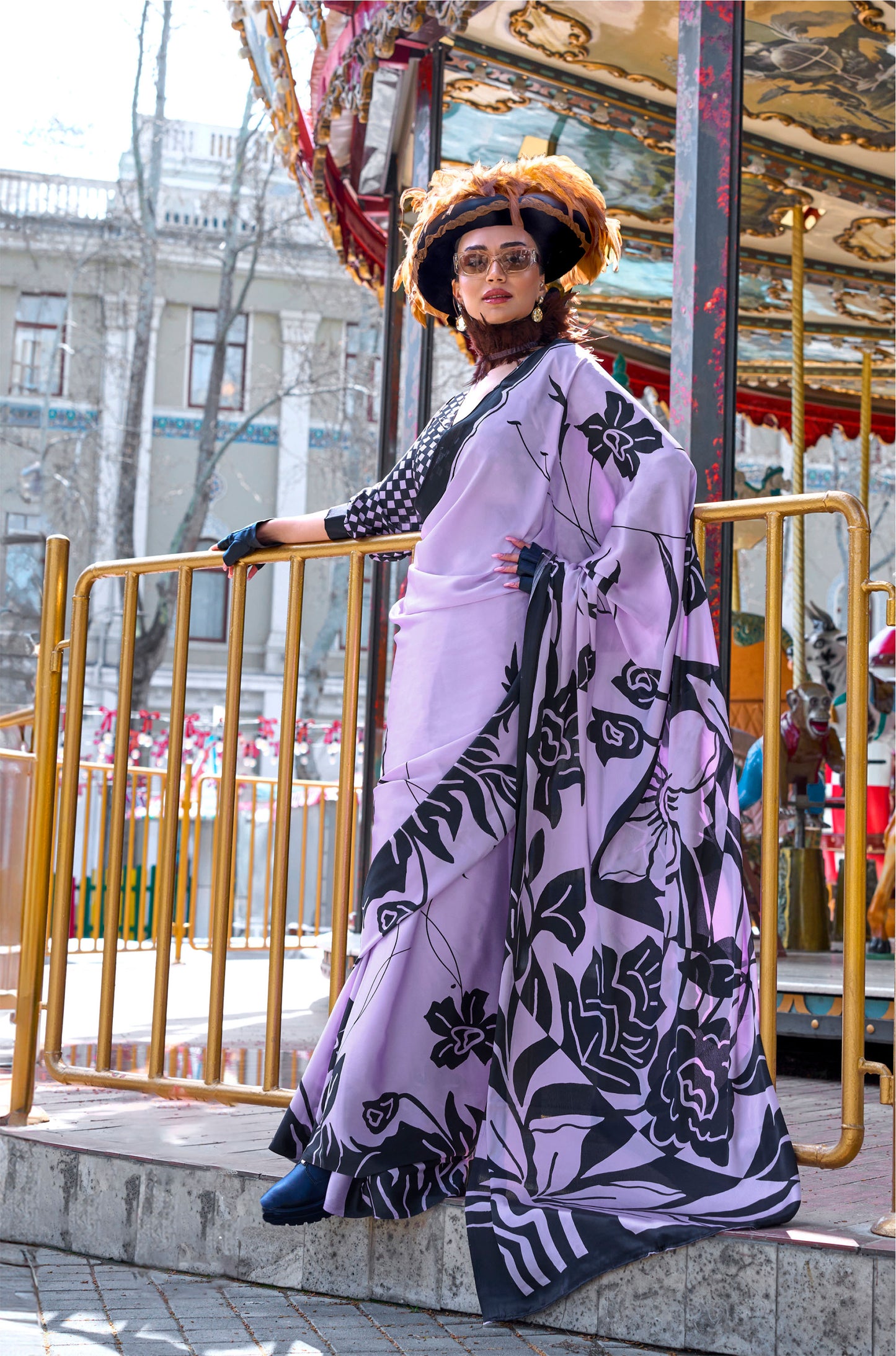 Light Lavender Kazule Contemporary Satin Crepe Saree