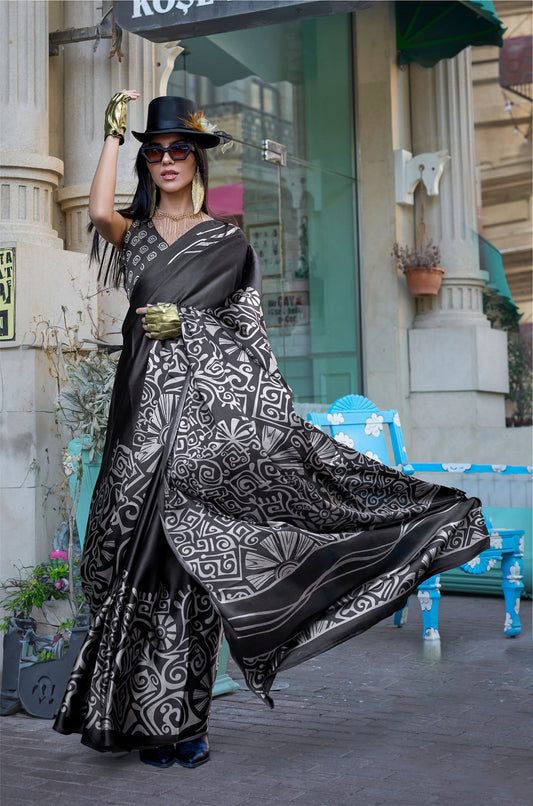 Black Abstract Kazule Contemporary Satin Crepe Saree