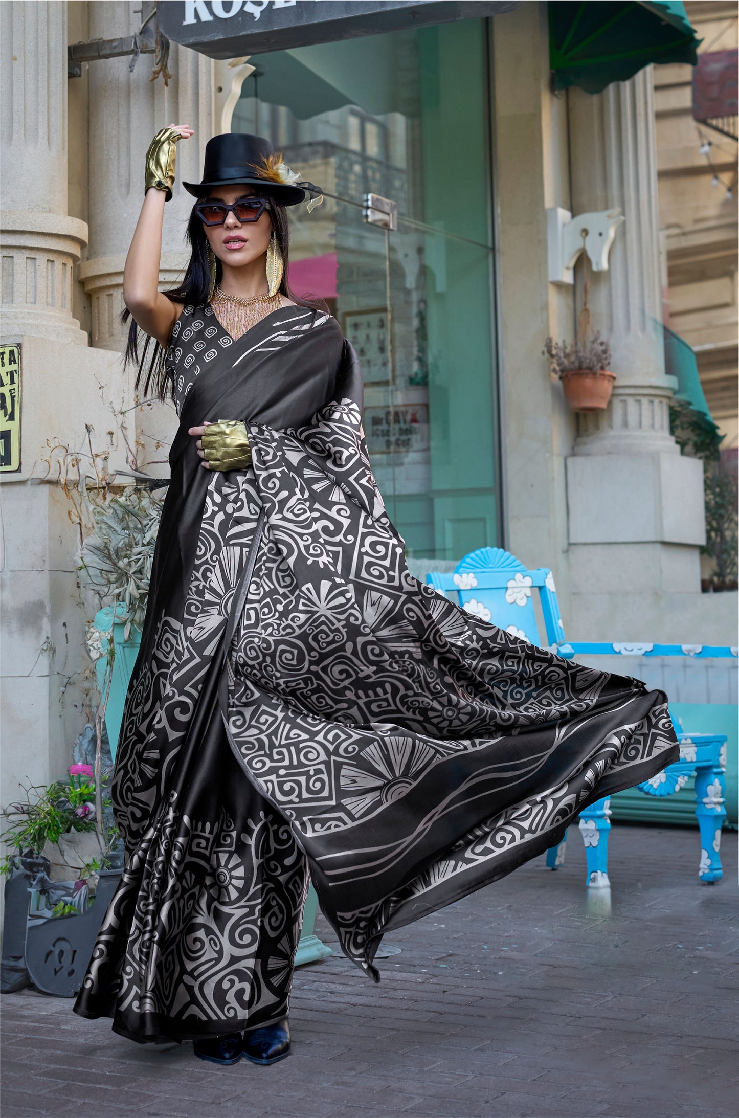 Black Abstract Kazule Contemporary Satin Crepe Saree