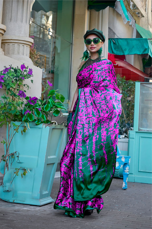 Fuchsia Kazule Contemporary Satin Crepe Saree