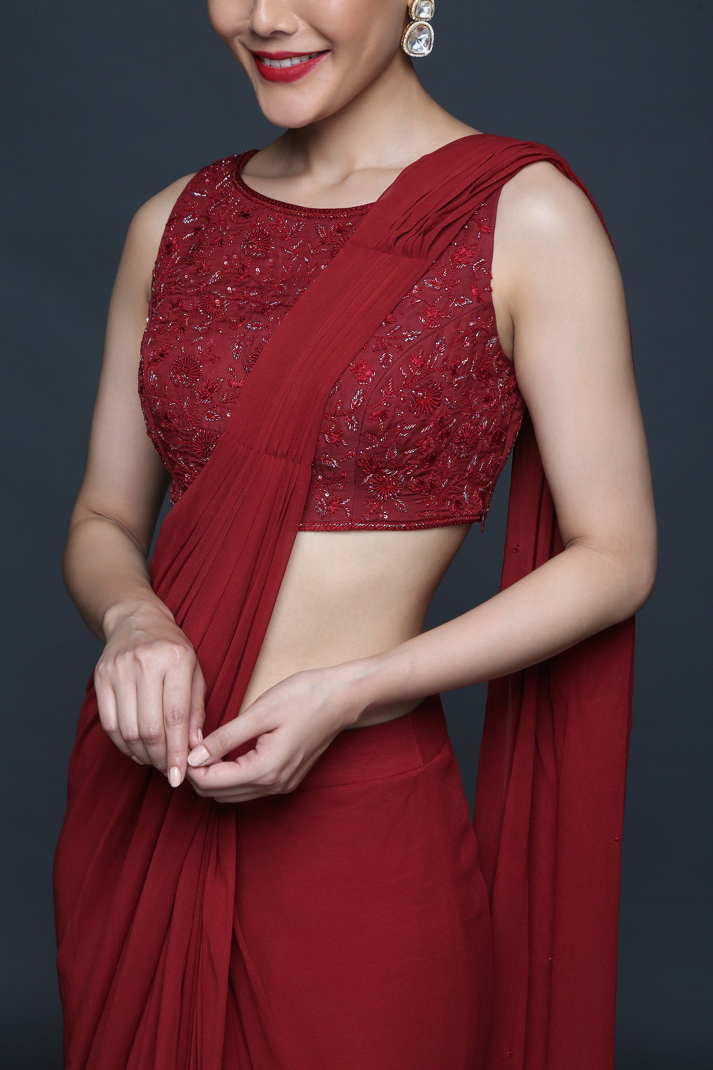 Mineral Red Pre Drape Saree - Sanjeev Marwaaha
