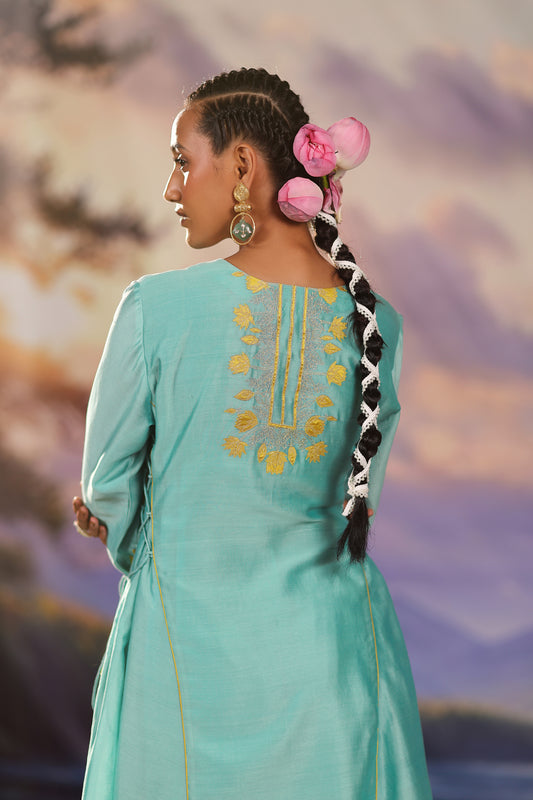 Turqiouse Blue Silk Chanderi Applique Work Co ord Set