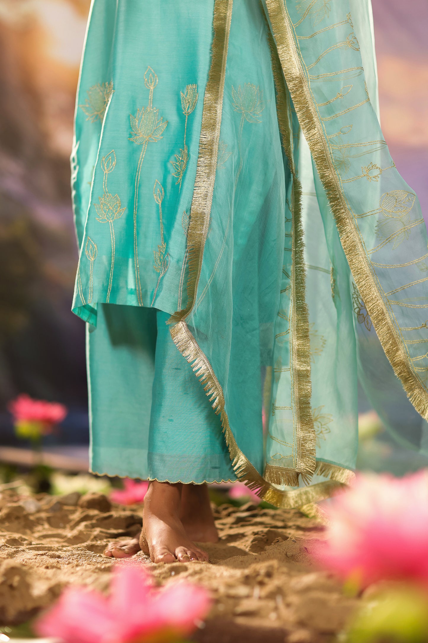 Turquoise Blue Lotus Embrodiery Silk Chanderi Suit Set