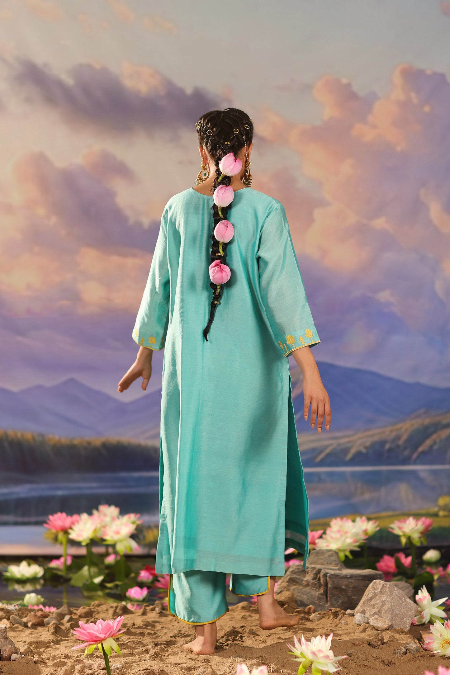 Turquoise Blue Applique Work Silk Chanderi with Palazzo Co ord Set